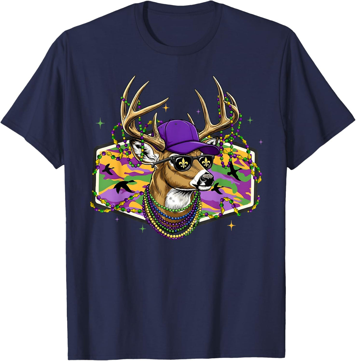 Mardi Gras Funny Deer Hunting Camo Carnival Men Women Kid T-Shirt - Navy Blue