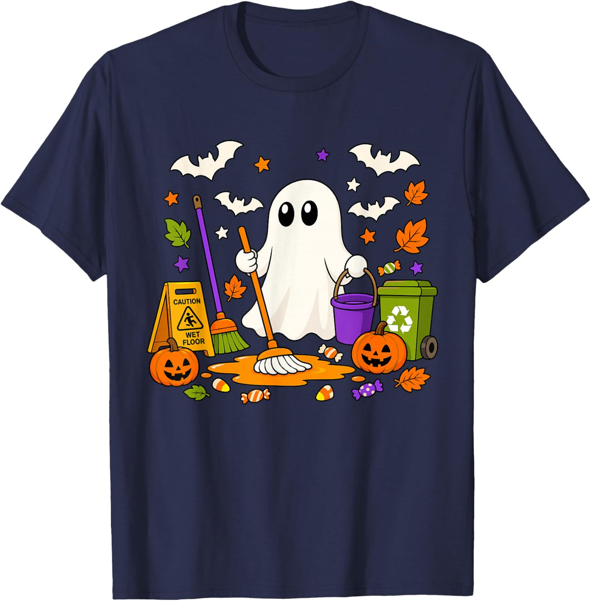 School Custodian Janitor Ghost Spooky Halloween Costume T-Shirt - Navy Blue