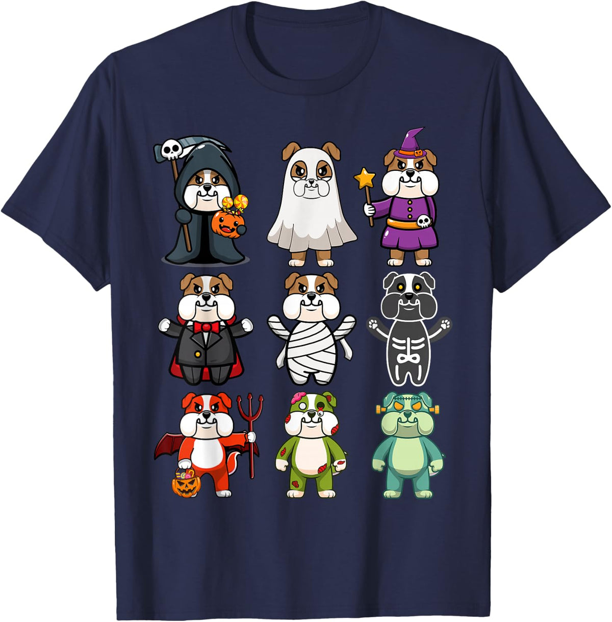Bulldog Spooky Boo-Jee Horror Pumpkin Bulldog Halloween T-Shirt - Navy Blue