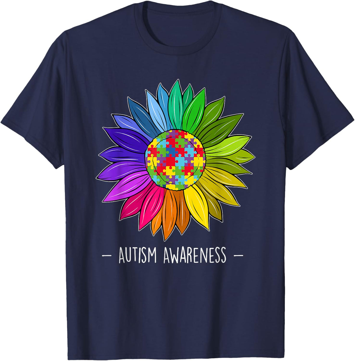 Floral Autism Awareness Daisy Flower Tee T-Shirt For Women - Navy Blue