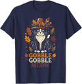 Gobble Gobble Meow Tuxedo Cat Thanksgiving Festive T-Shirt - Navy Blue