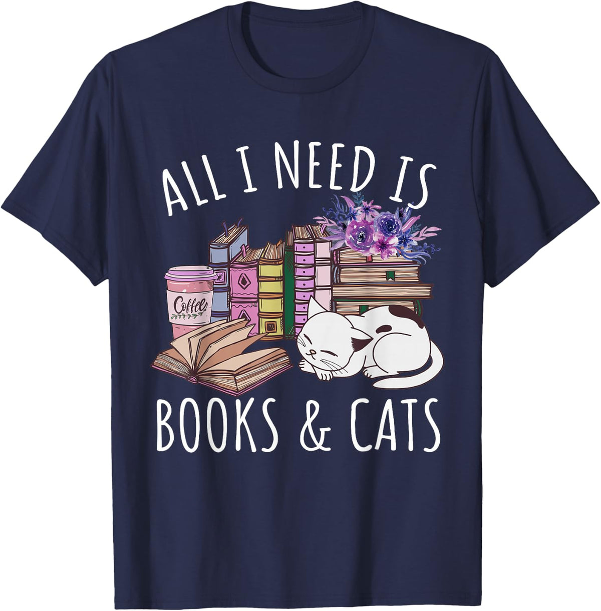 Women All I Need Is Books And Cats Cat Lover Kitten Reading T-Shirt - Navy Blue