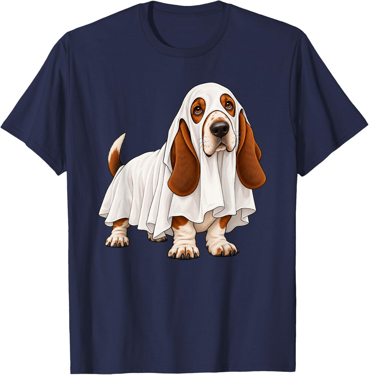 Basset Hound Dog Ghost Halloween T-Shirt - Navy Blue