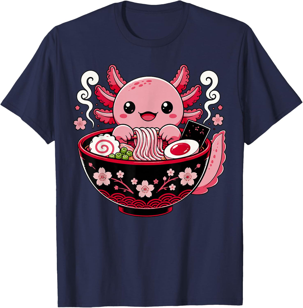 Cute Pink Axolotl Eating Ramen T-Shirt - Navy Blue
