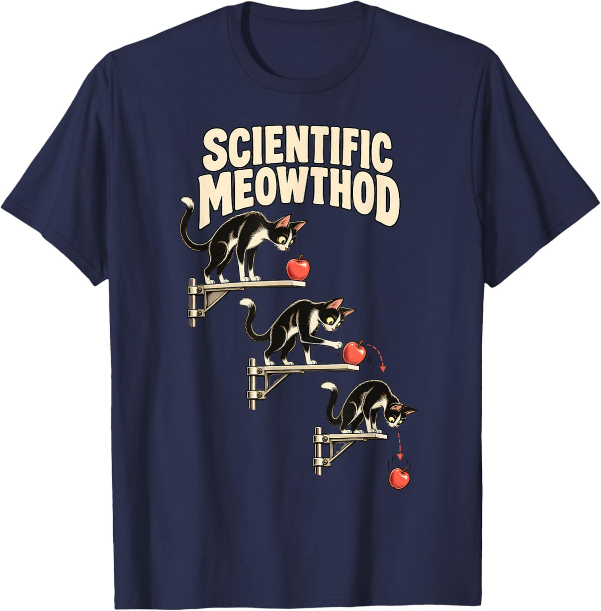 Scientific Meowthod Cat Science Gravity Experiment T-Shirt - Navy Blue