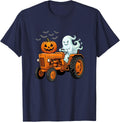 Farmer Tractor Ghost and Pumpkin Halloween Costume T-Shirt - Navy Blue