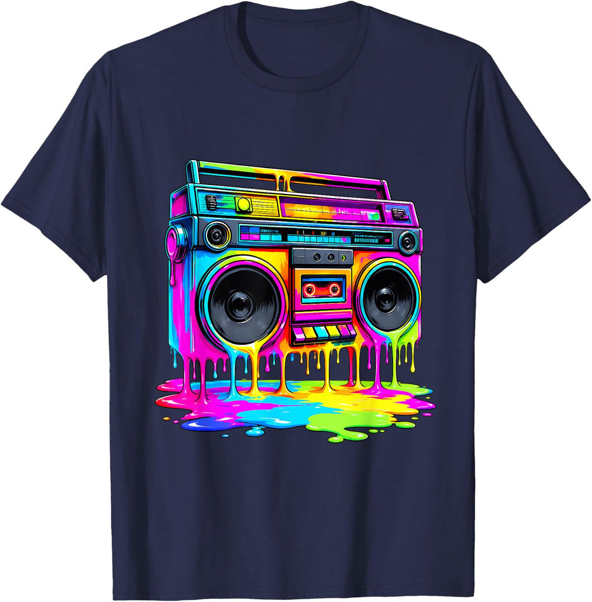 Dripping Paint Boombox R&B Old School 80s Music Hip Hop T-Shirt - Navy Blue