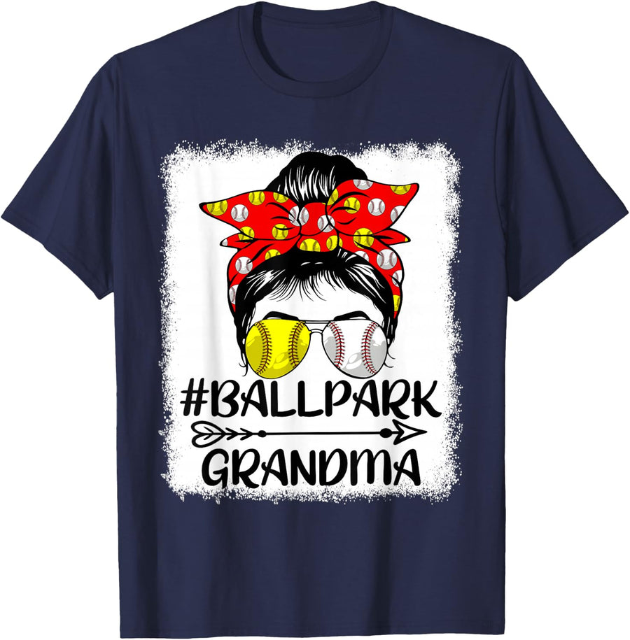 Messy Bun Hair BallPark Grandma Softball Baseball Mother Day T-Shirt - Navy Blue