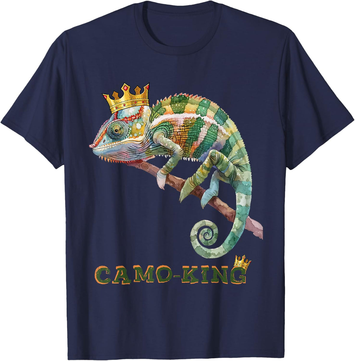 Camo King Chameleon with Crown Funny Camouflage Animal T-Shirt - Navy Blue