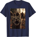 Funny Tabby Cat Selfie with Zombies Spooky Forest Halloween T-Shirt - Navy Blue