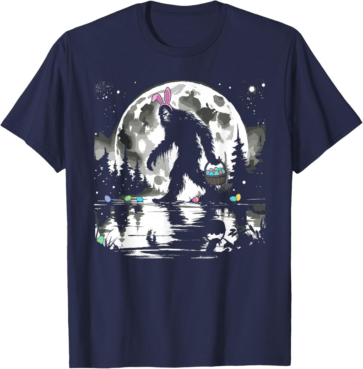 Retro Bigfoot Easter Sasquatch Funny Easter T-Shirt - Navy Blue