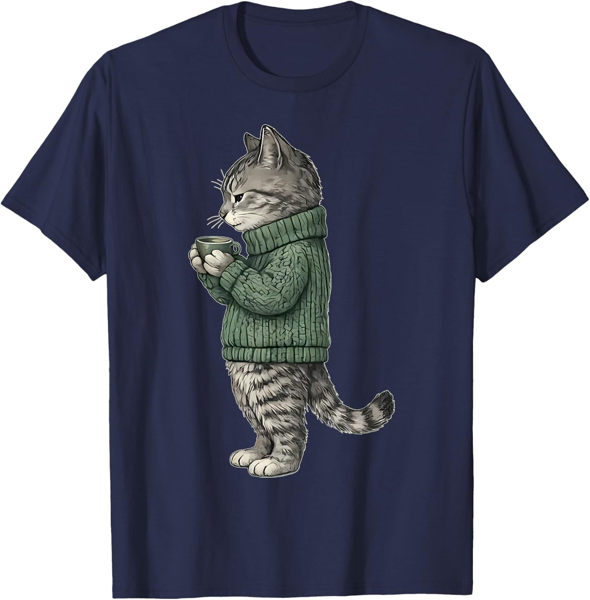 Cozy Tabby Cat Drinking Coffee Funny Cute Kitten Pet Lover T-Shirt - Navy Blue