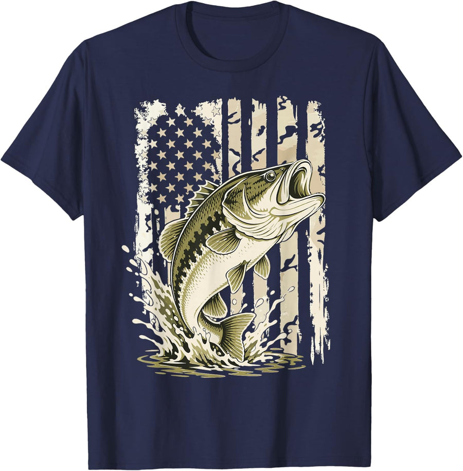 Bass Fishing Vintage Largemouth Angler T-Shirt - Navy Blue
