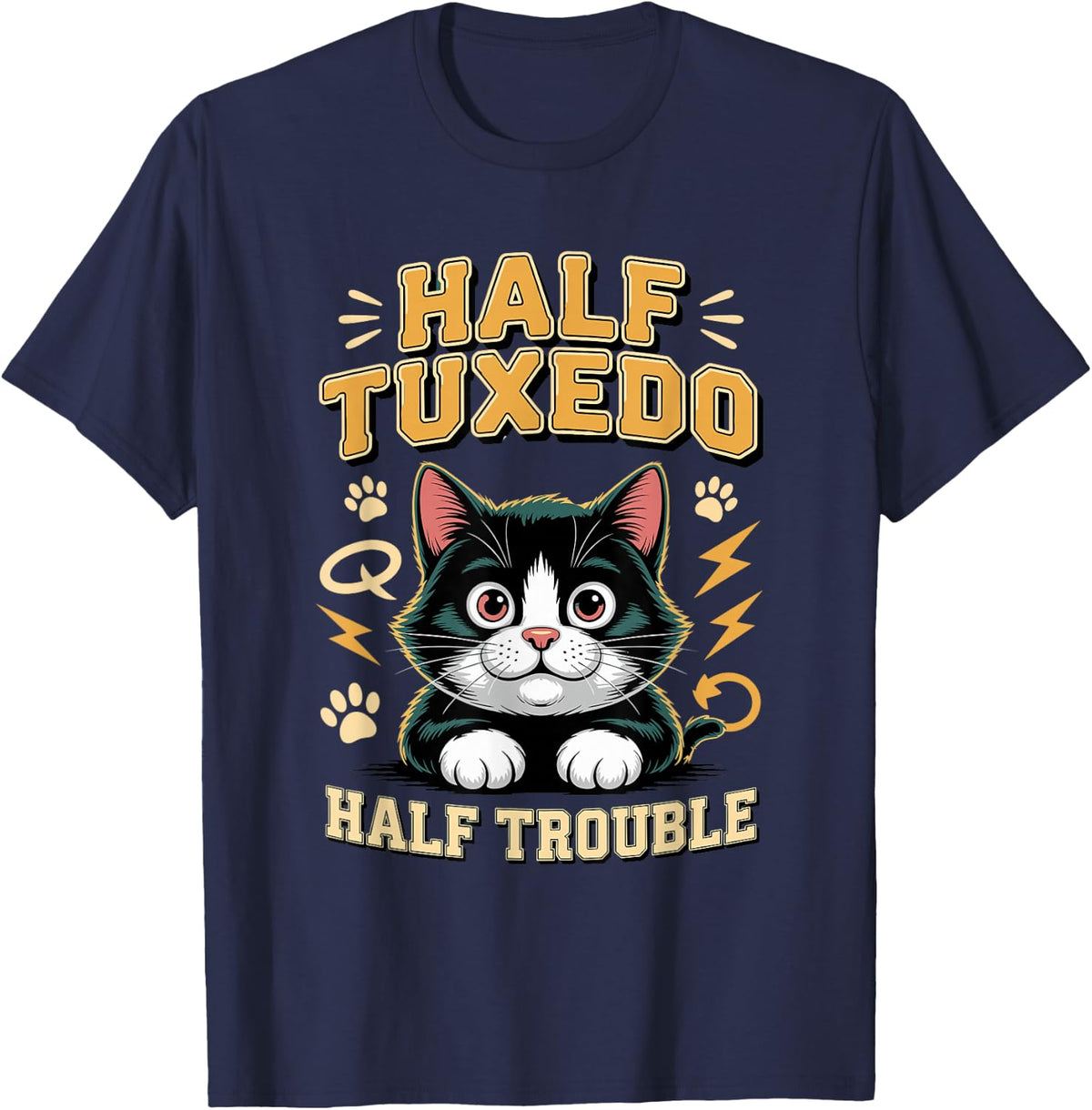 Half Tuxedo Half Trouble Black and White Cat T-Shirt - Navy Blue