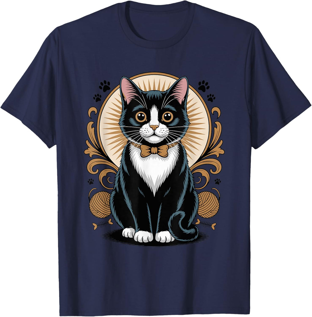 Tuxedo Cat Portrait T-Shirt - Navy Blue