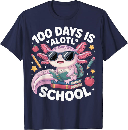 100 Days is Alotl School 100th Day of School Axolotl T-Shirt Tee for Kids Boys Girls - Navy Blue
