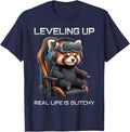 Leveling Up Real Life is Glitchy Red Panda Gamer Gaming T-Shirt - Navy Blue