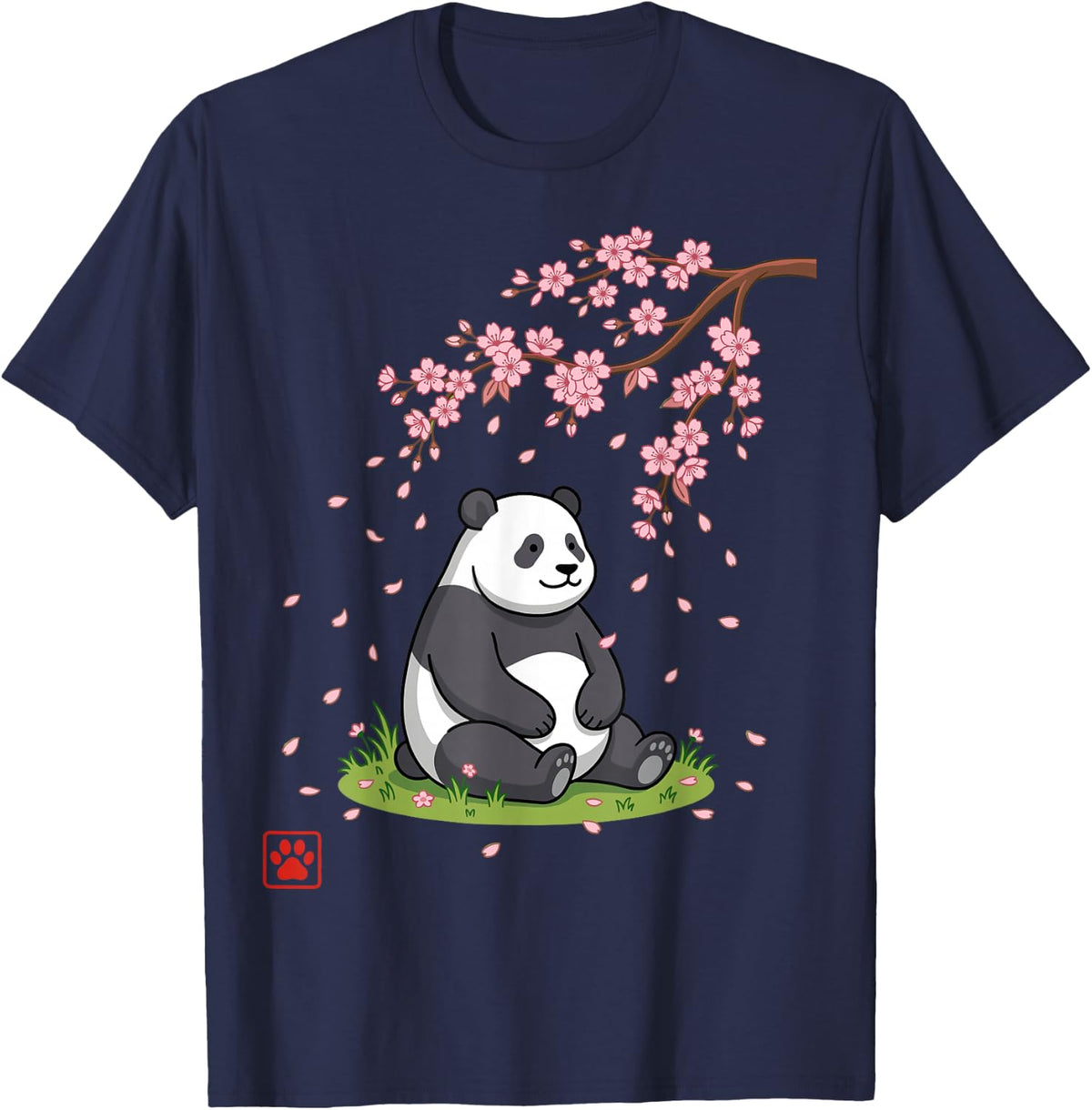 Cute Panda Cherry Blossom Cartoon Animal Print T-Shirt - Navy Blue