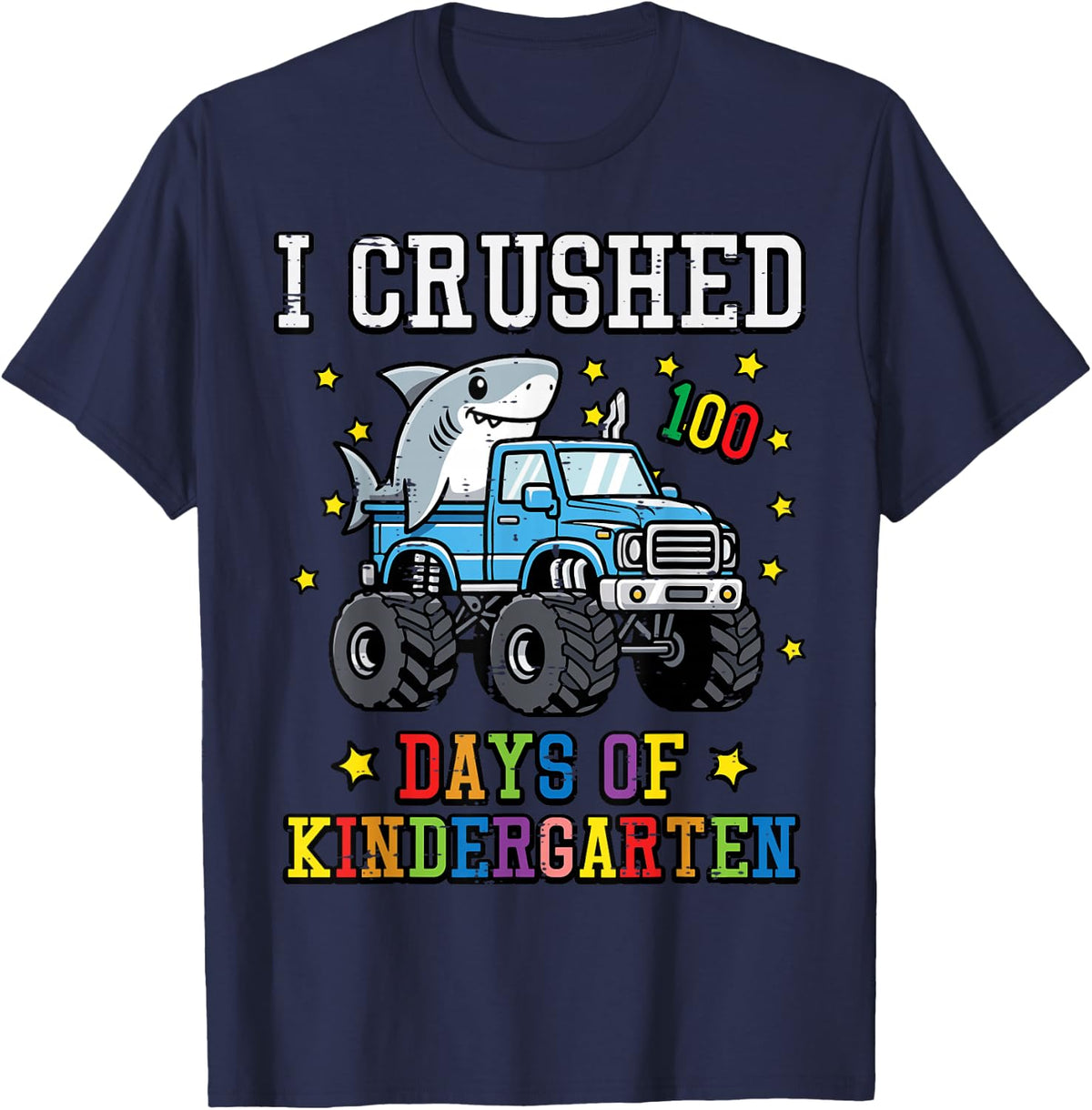 I Crushed 100 Days Kindergarten Shark 100th Day Boys Kids T-Shirt - Navy Blue