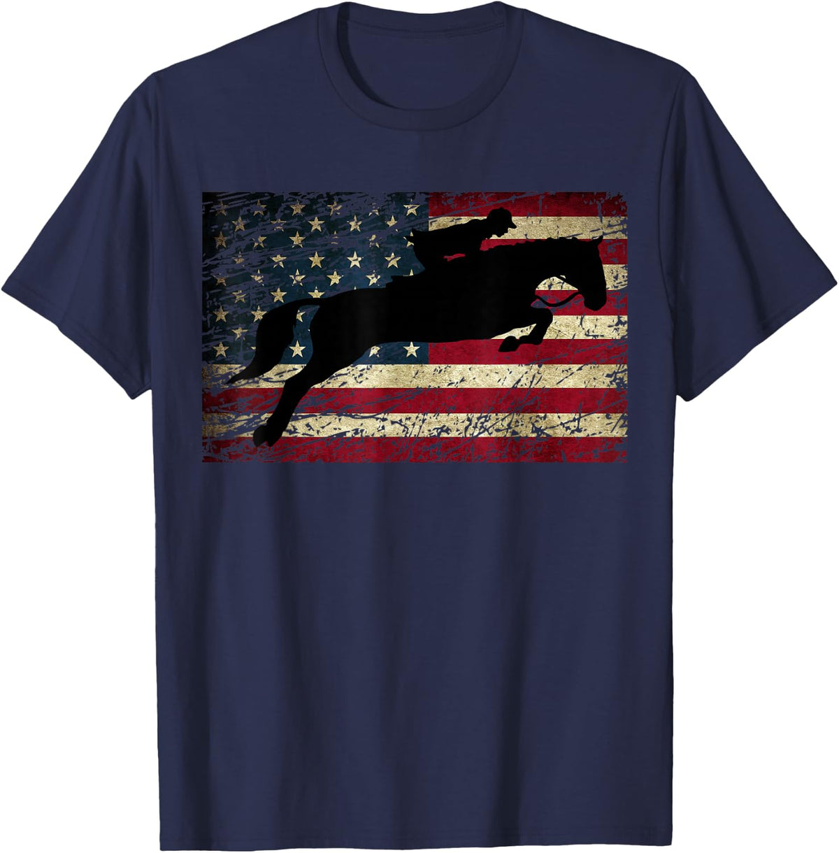 American Flag Horse Riding T-Shirt Show Jumping Tee T-Shirt - Navy Blue