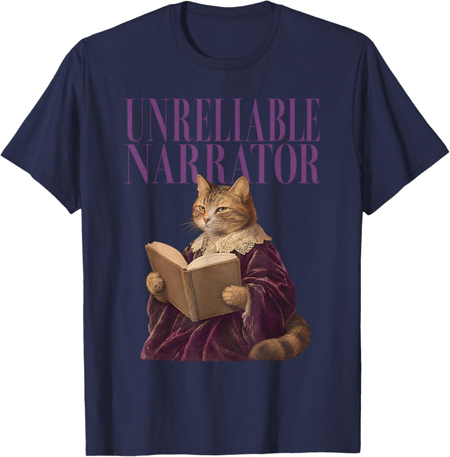 Unreliable Narrator Cat Reading Literature Bookworm T-Shirt - Navy Blue