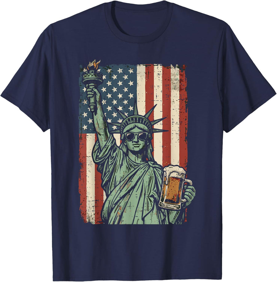 4th of July Statue Liberty US Flag Patriotic Dad Men Women T-Shirt - Navy Blue