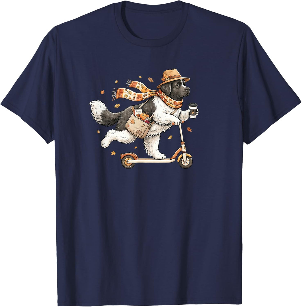 Autumn Scooter Newfoundland Dog Thanksgiving Womens Mens Kid T-Shirt - Navy Blue