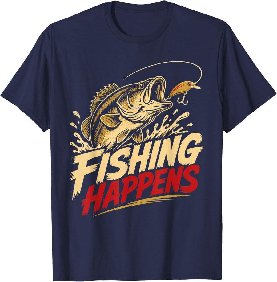 Fishing Happens Bass Angler Lure Catching T-Shirt - Navy Blue