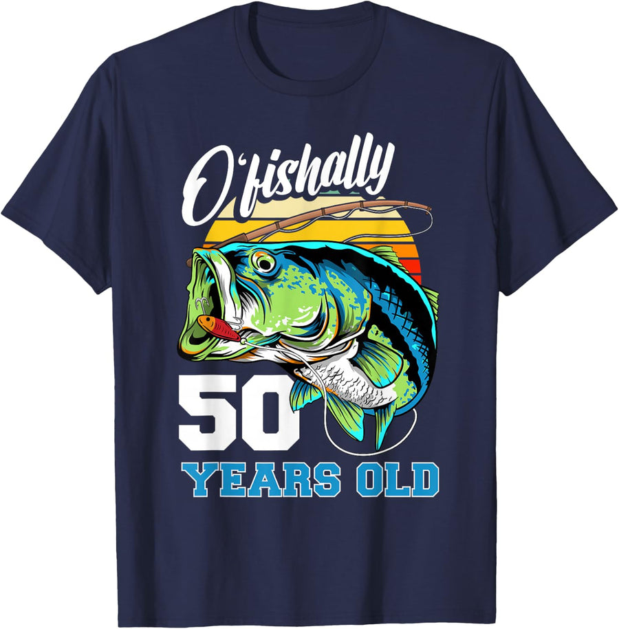 Ofishally 50 Years Old Fisherman 50th Birthday Fishing Tee T-Shirt For Men - Navy Blue