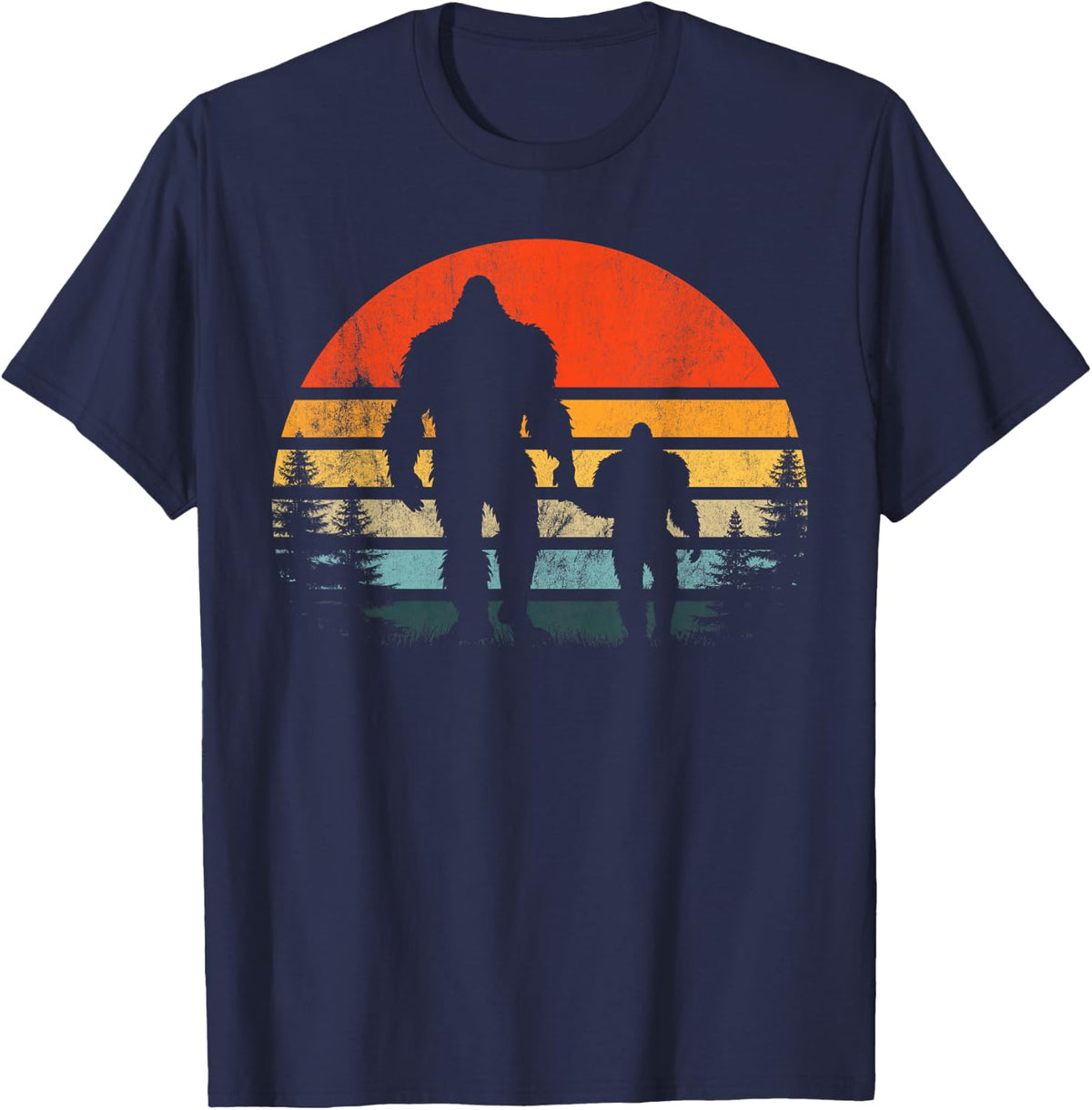 Retro Bigfoot Holding His son Funny Thanksgiving Sasquatch T-Shirt - Navy Blue