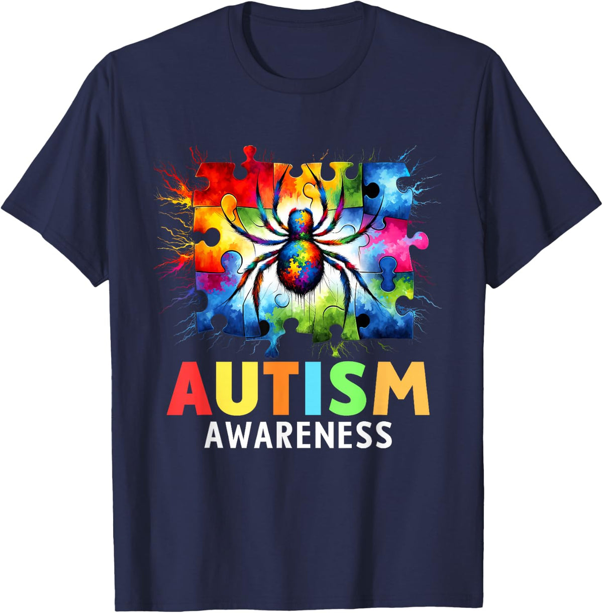 Spider Autism Awareness Autistic Colorful T-Shirt - Navy Blue