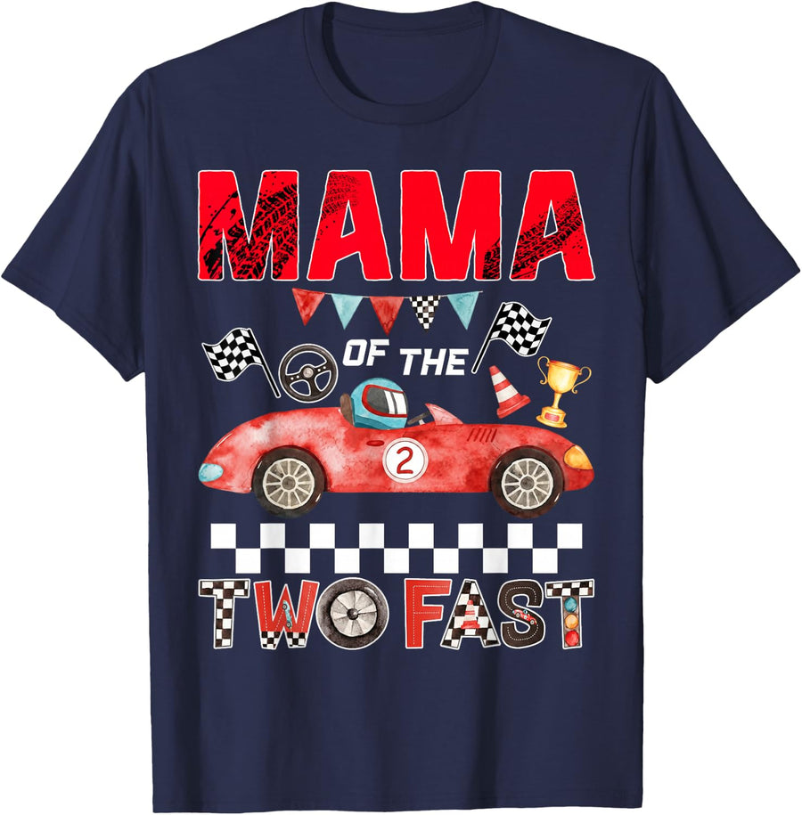 Mama of The Two Fast 2nd Birthday Boy Racing Car T-Shirt - Navy Blue