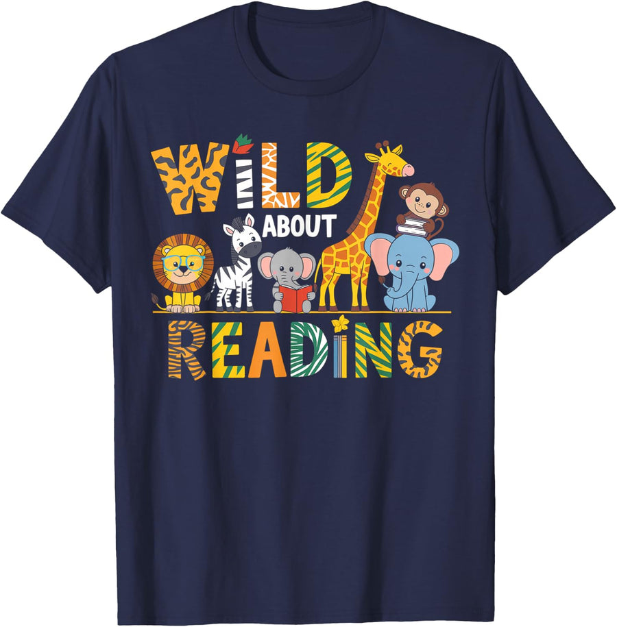Wild About Reading Kid Love Wild Animal Books Back To School T-Shirt - Navy Blue