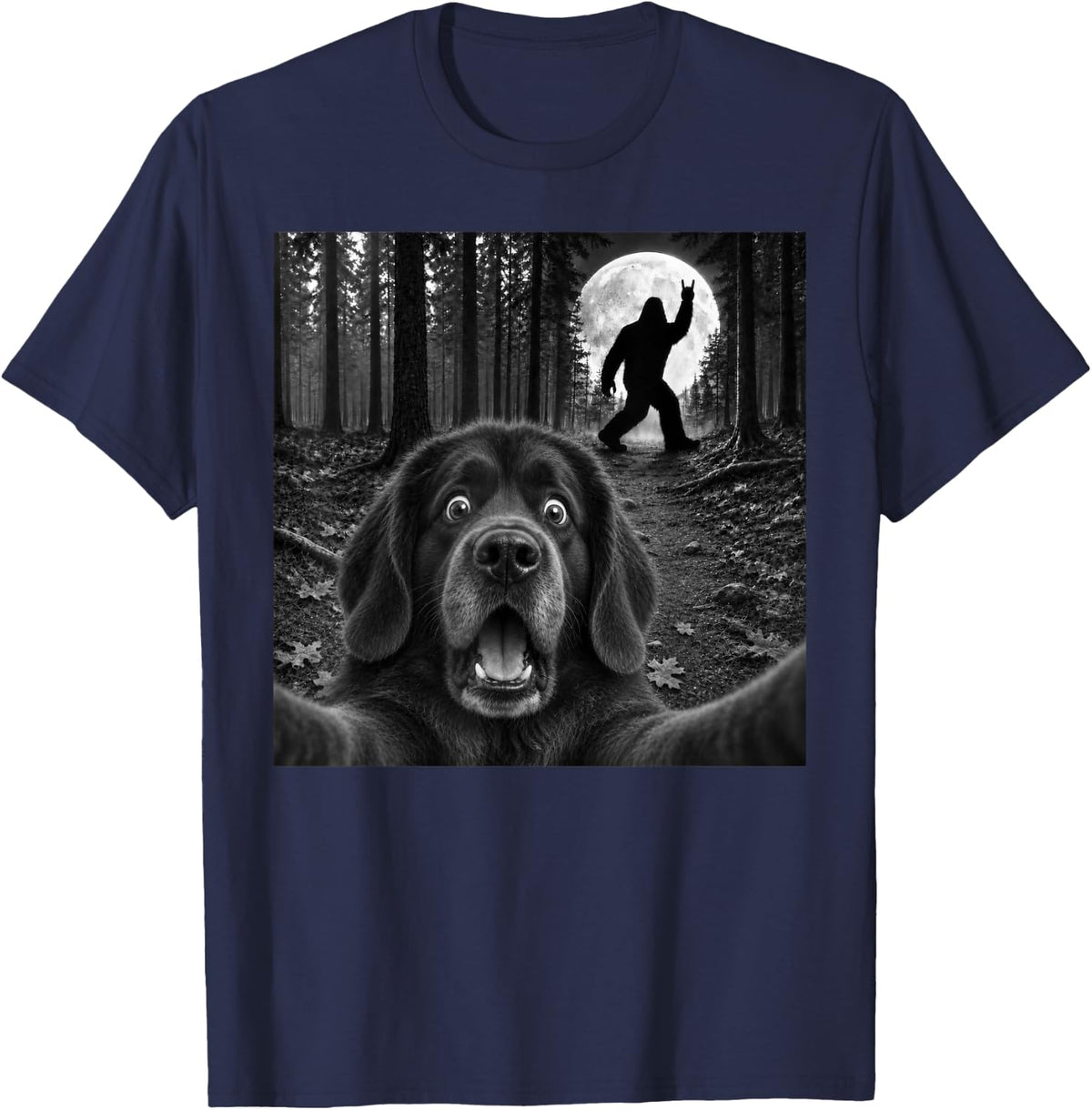 Newfoundland Dog Selfie with Bigfoot Rock and Roll Sasquatch T-Shirt - Navy Blue