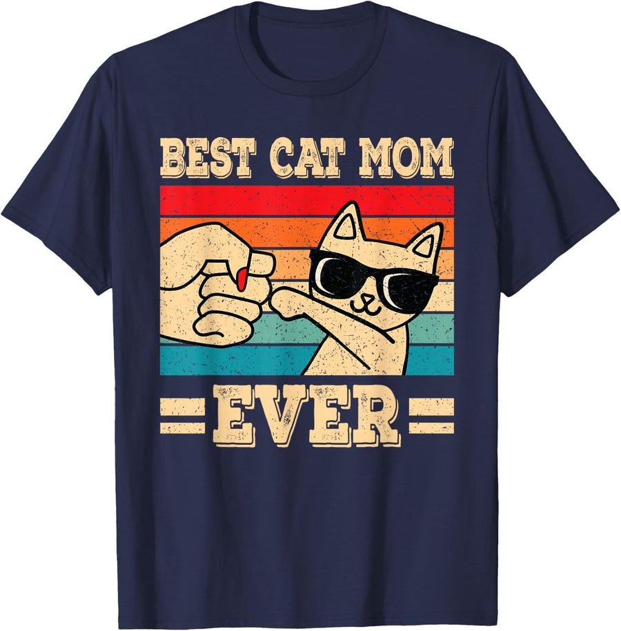 Best Cat Mom Ever Funny Vintage Kitten Lover Retro Tees T Shirts for Women - Navy Blue