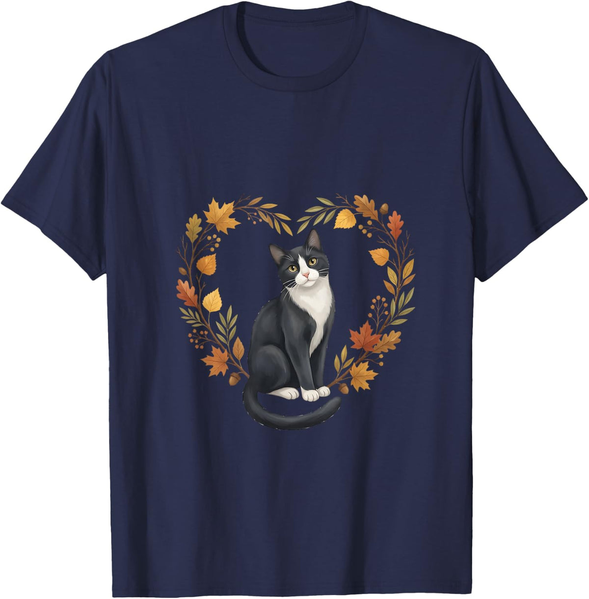 Tuxedo Cat Fall Leaf Wreath Autumn Cat Lover T-Shirt - Navy Blue