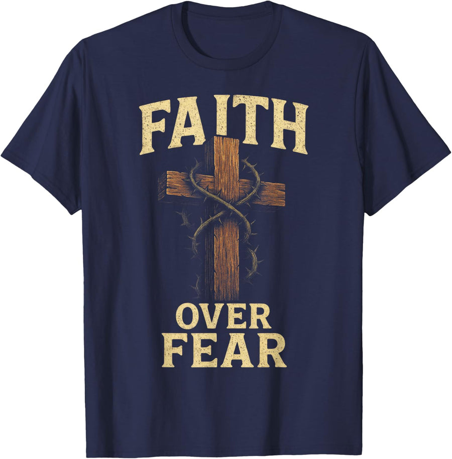 Faith Over Fear - Christian Cross Thorn Vine T-Shirt - Navy Blue
