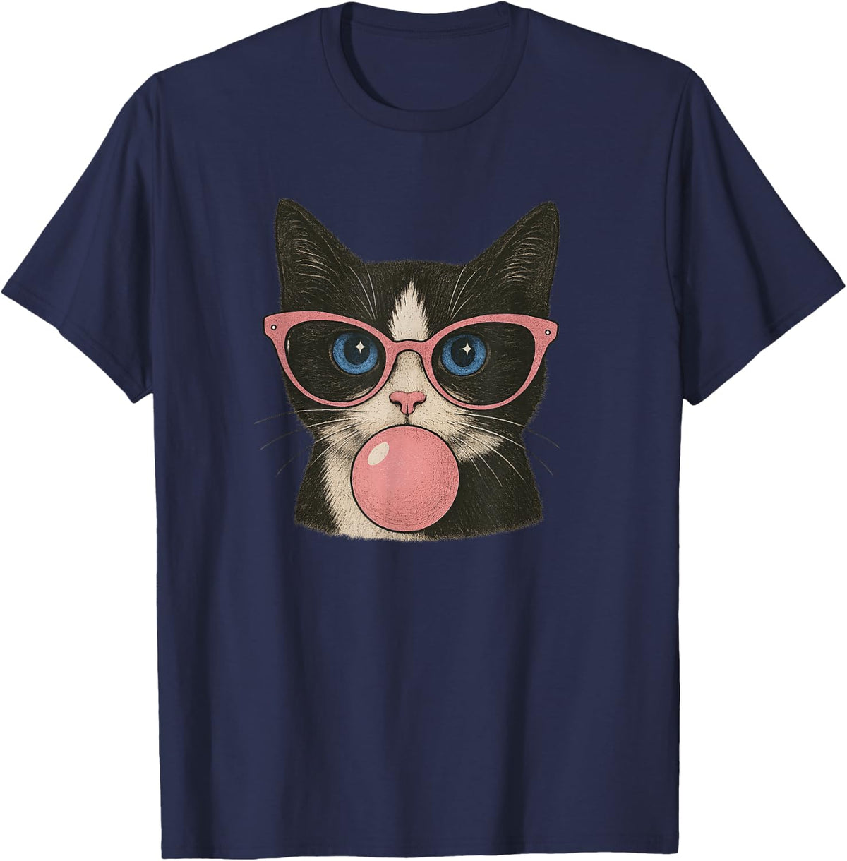 Funny Cat with Pink Glasses & Bubble Gum Retro Vintage Cats T-Shirt - Navy Blue