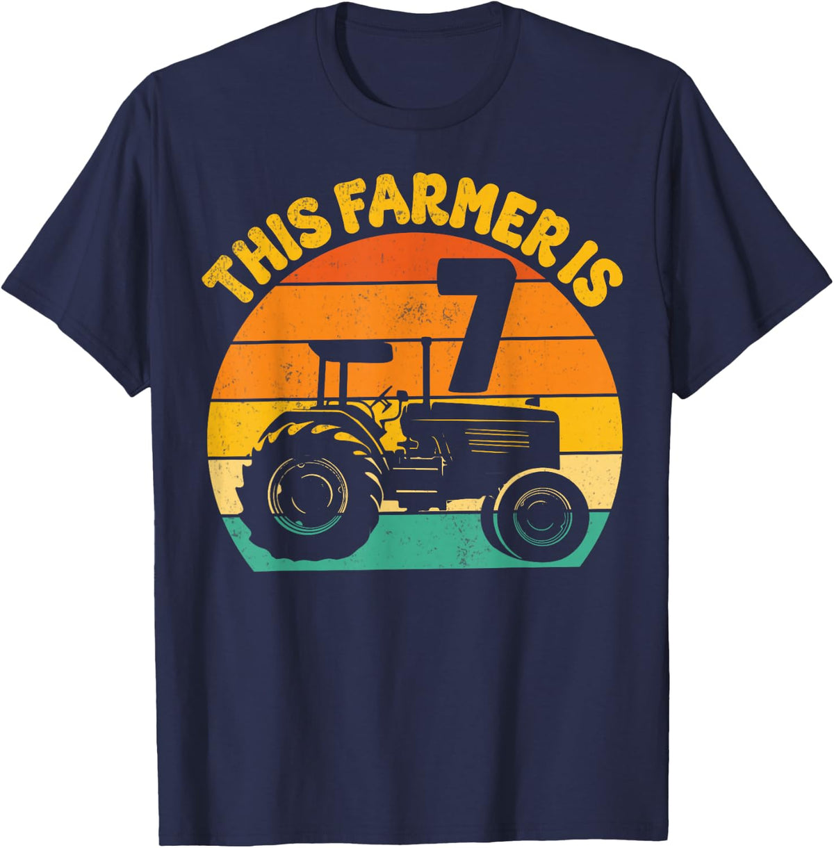 This Farmer Is 7 Farm Farming Tractor Retro 7th Birthday T-Shirt - Navy Blue