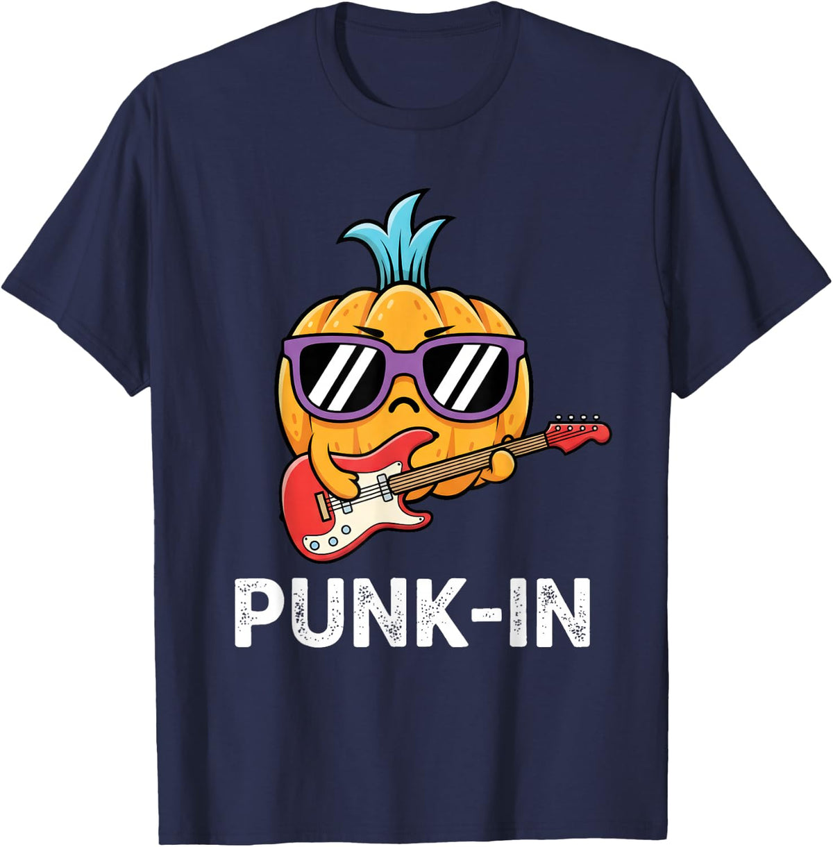 Punk-in Rocker Pumpkin Funny Music Pun Halloween Art T-Shirt - Navy Blue