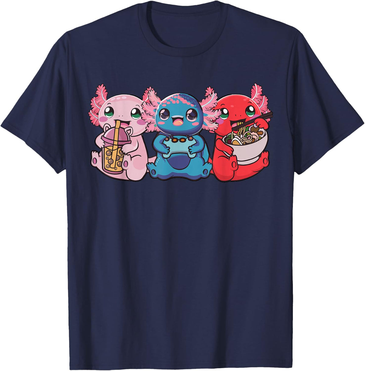 Axolotl Boba Tea Bubble Tea Gaming Gamer Ramen Tee T-Shirt - Navy Blue