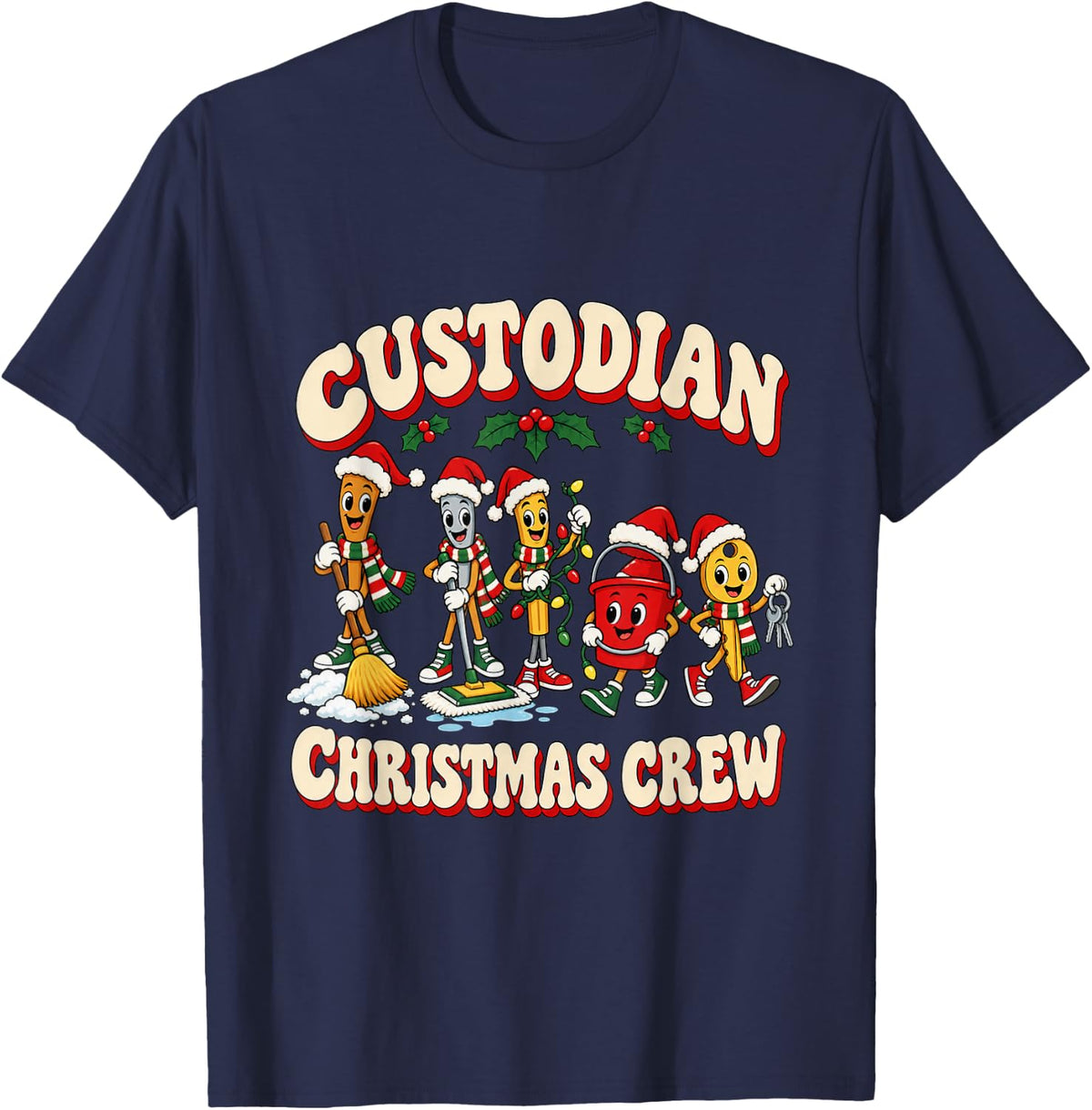 Christmas Custodian Festive Winter T-Shirt - Navy Blue
