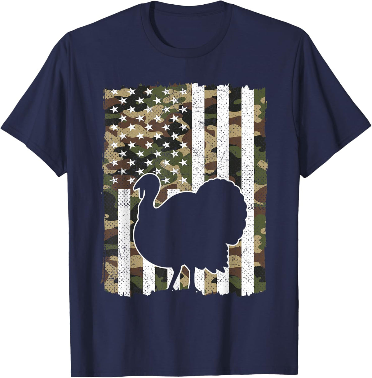 Retro Camo USA America Flag Turkey Hunting Thanksgiving Men T-Shirt - Navy Blue