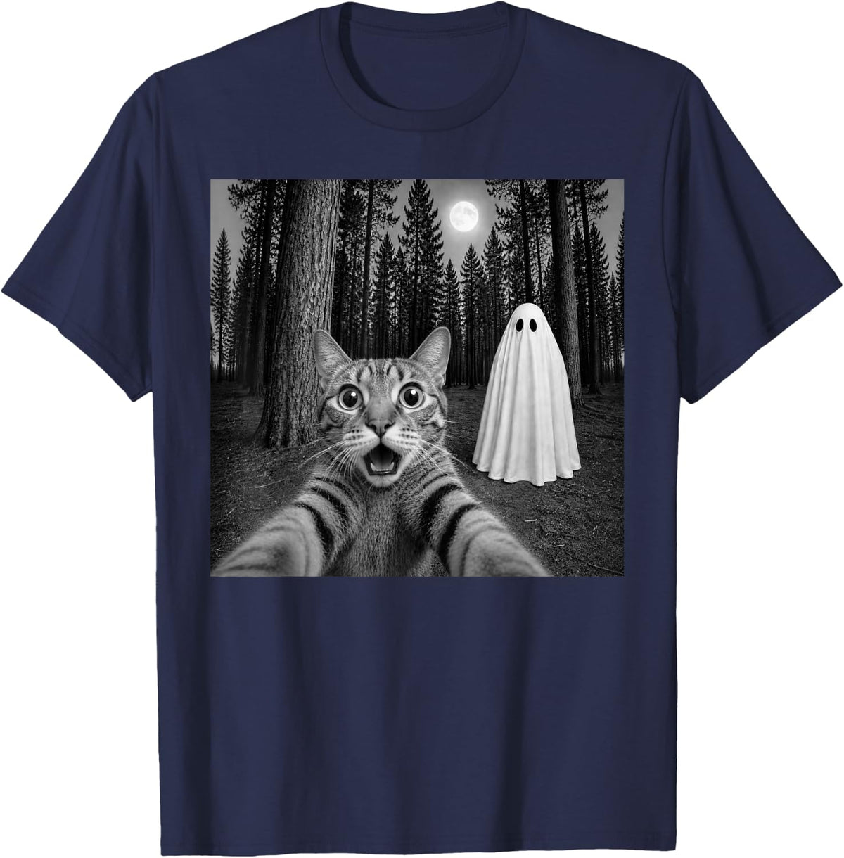 Spooky Tabby Cat Selfie with Ghost Halloween T-Shirt - Navy Blue