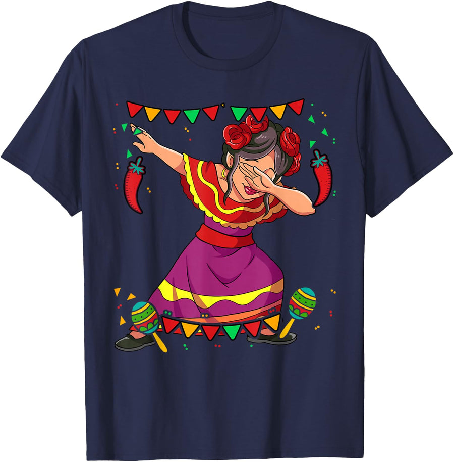 Dabbing Mexican Woman Cinco De Mayo T-Shirt - Navy Blue