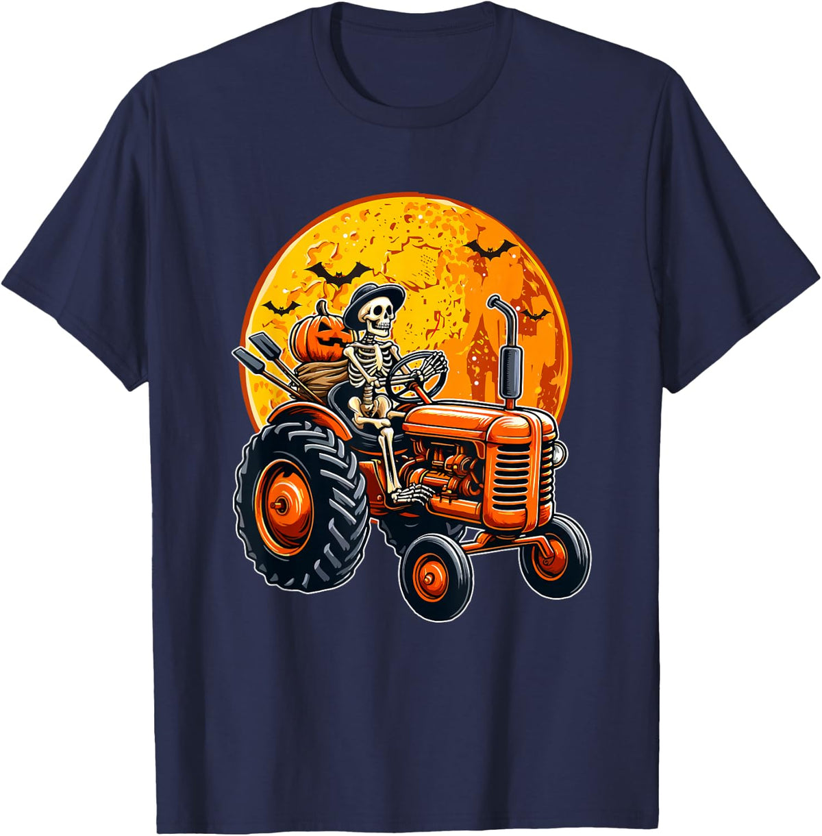 Skeleton Driving Tractor Halloween Horror Costume Driver T-Shirt - Navy Blue