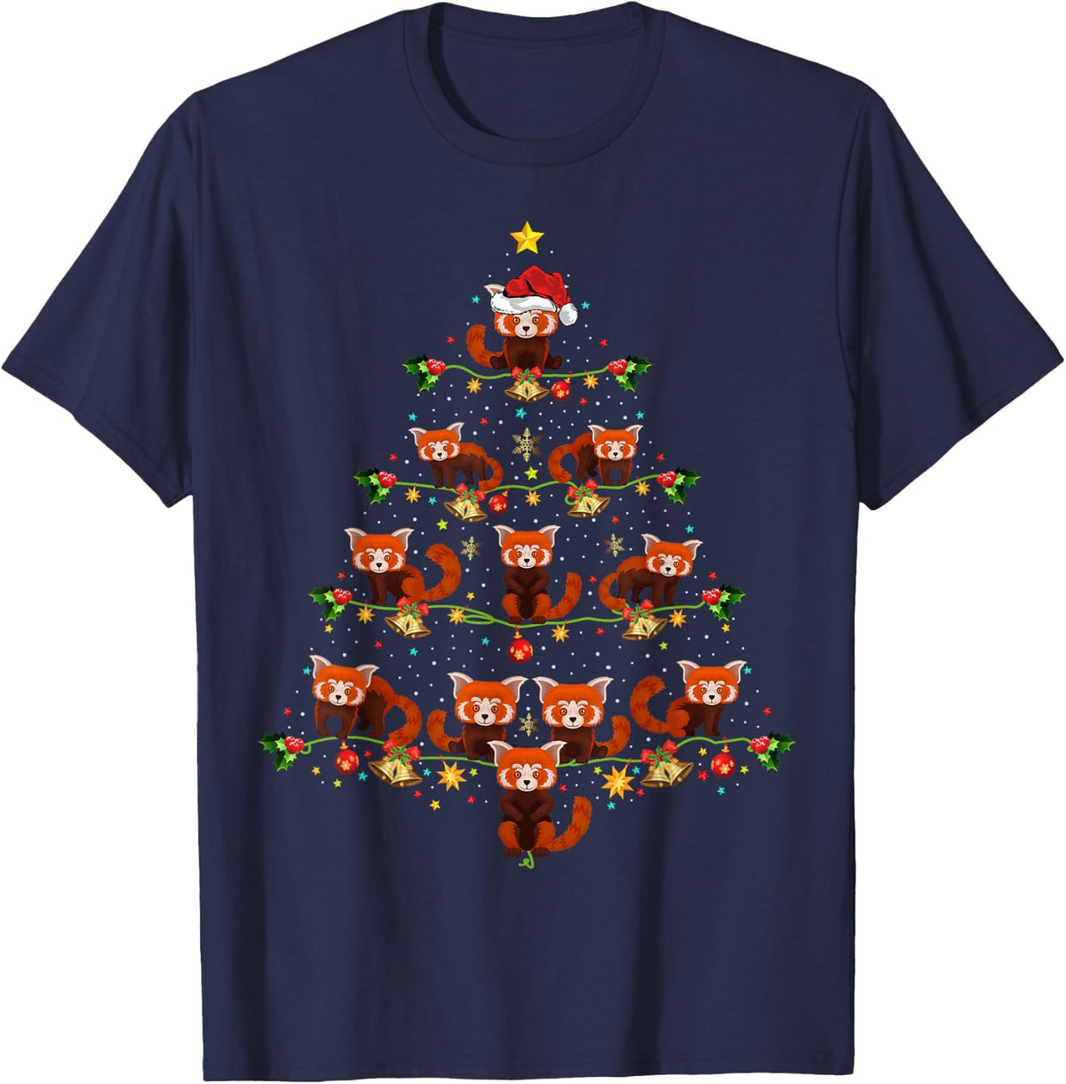 Red Panda Animal Xmas Tree Santa Hat Red Panda Christmas T-Shirt - Navy Blue