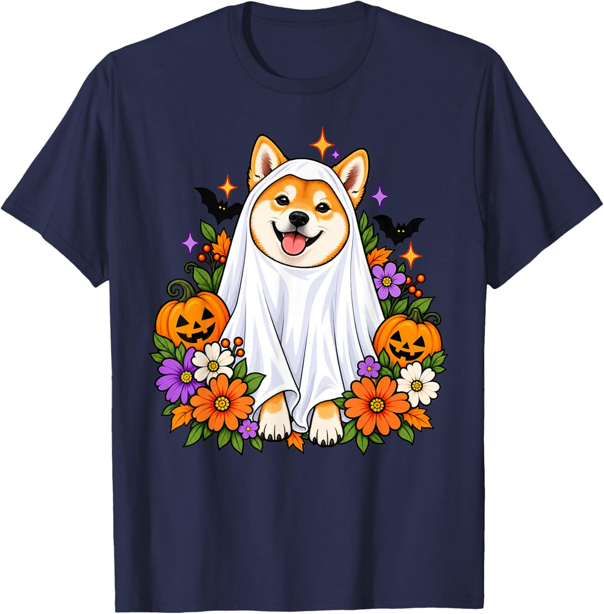 Floral Shiba Inu Ghost Halloween Costume for Dog Lovers T-Shirt - Navy Blue