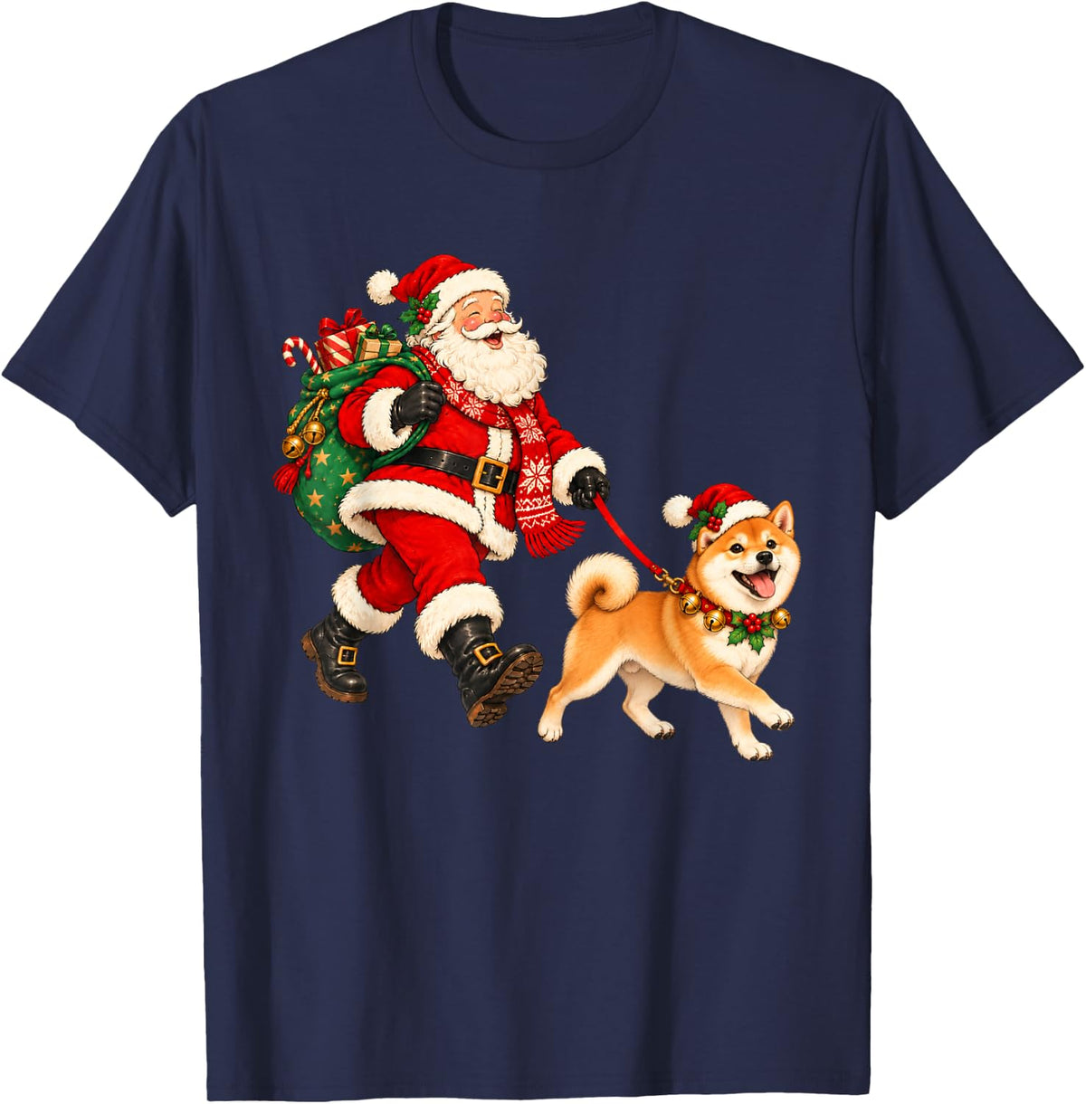 Shiba Inu Christmas Dog Walking with Santa Holiday Dog Lover T-Shirt - Navy Blue