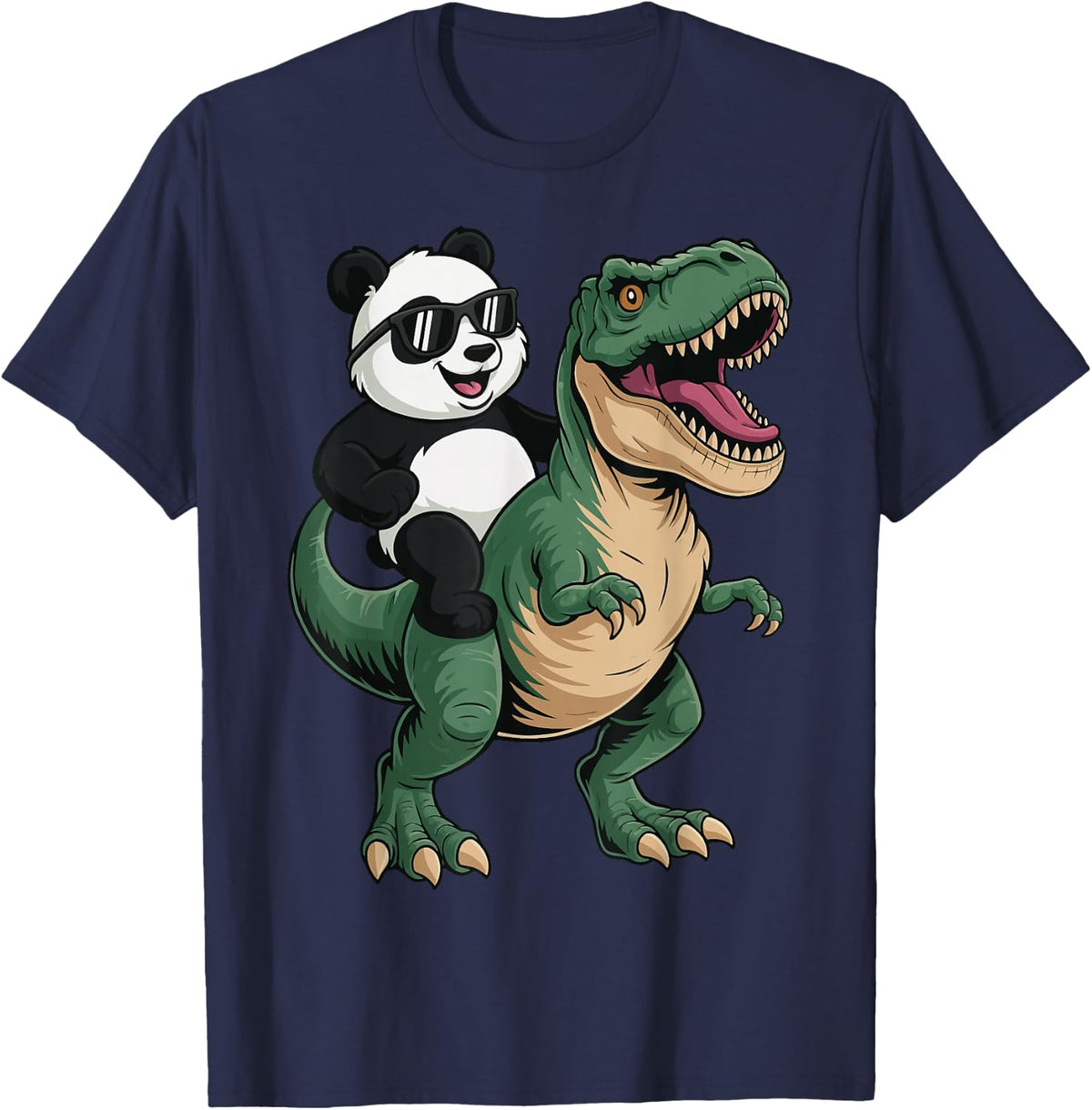Panda Riding T-Rex T-Shirt - Navy Blue